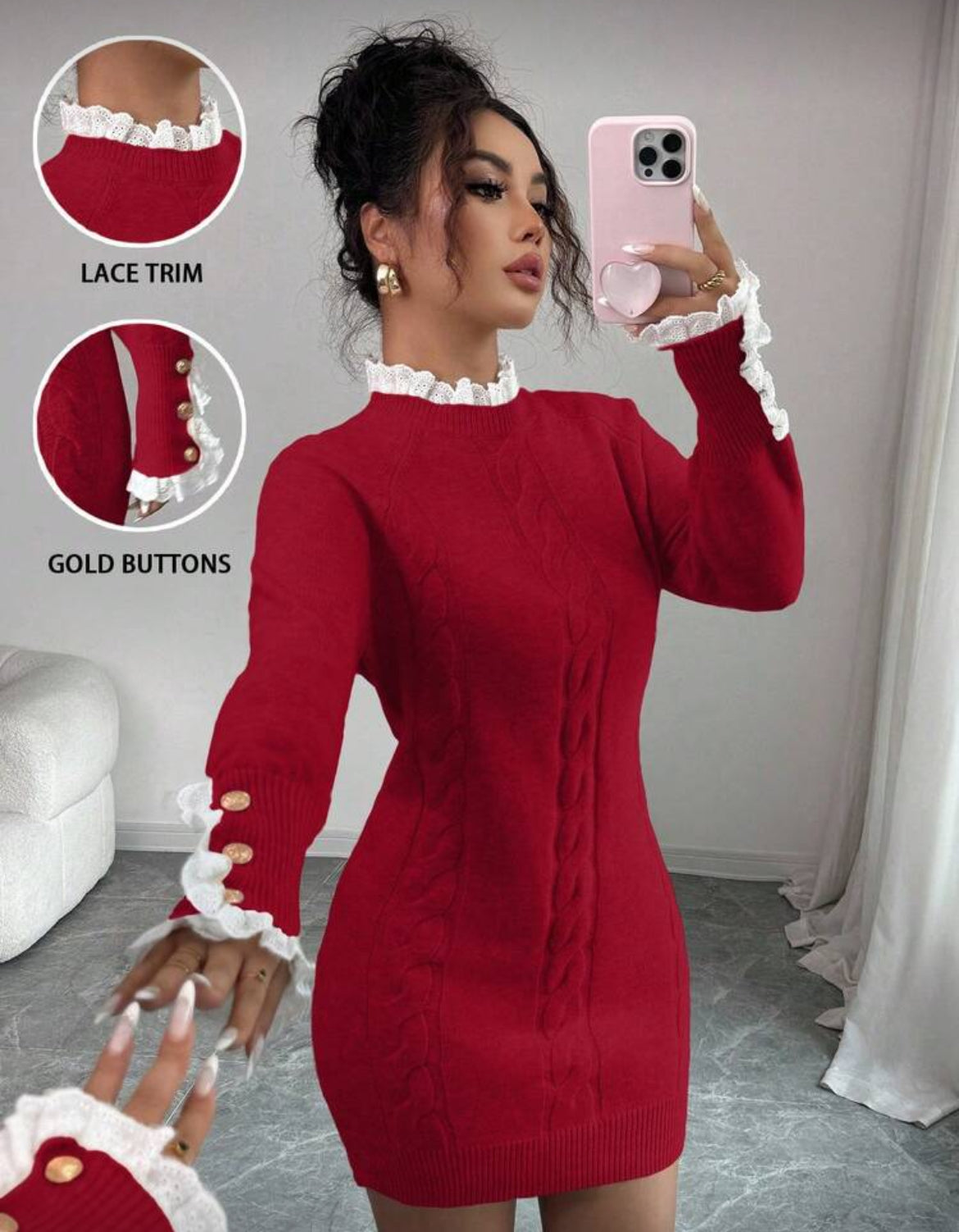 Robe Pull Chic à Dentelle & Boutons Dorés