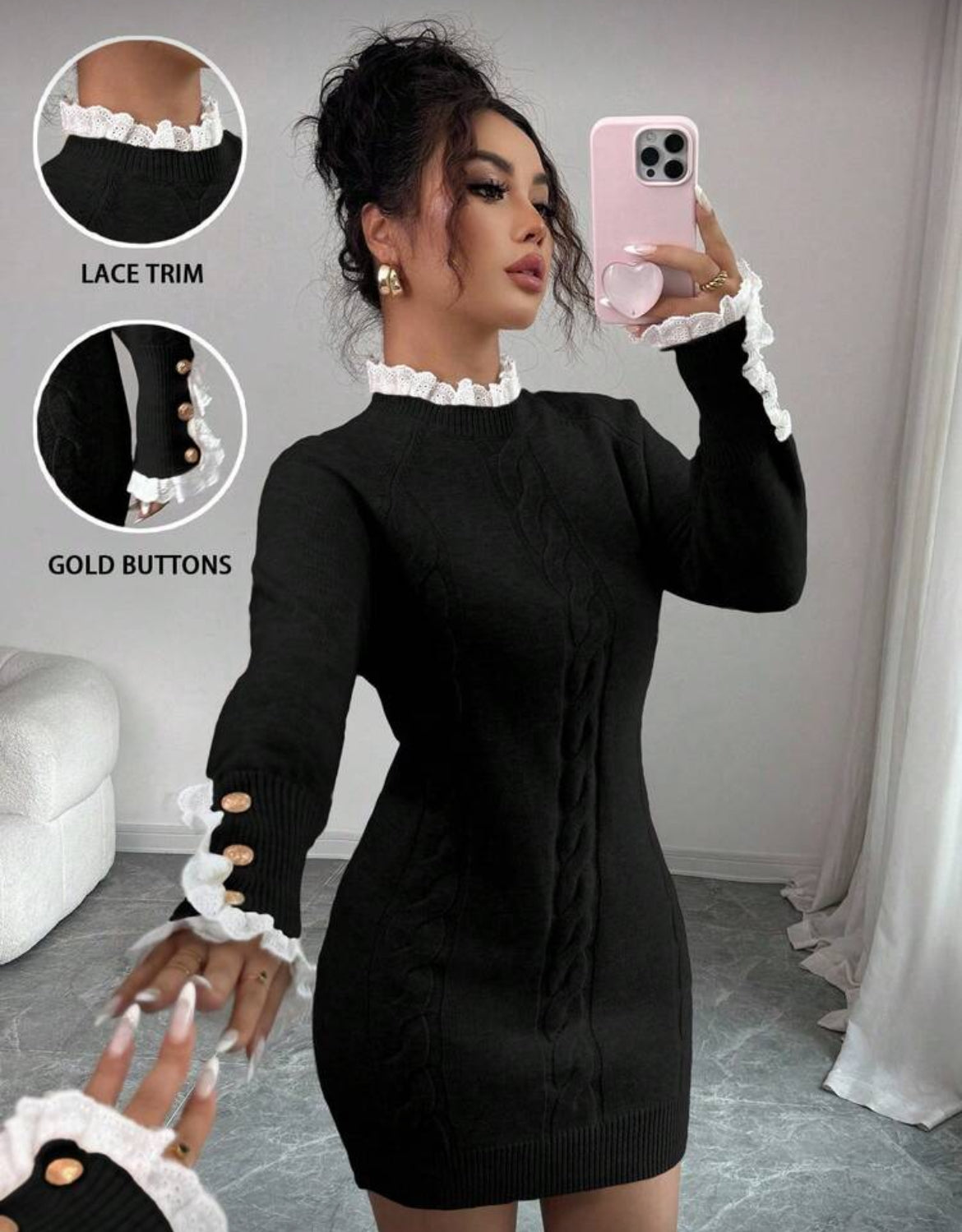 Robe Pull Chic à Dentelle & Boutons Dorés