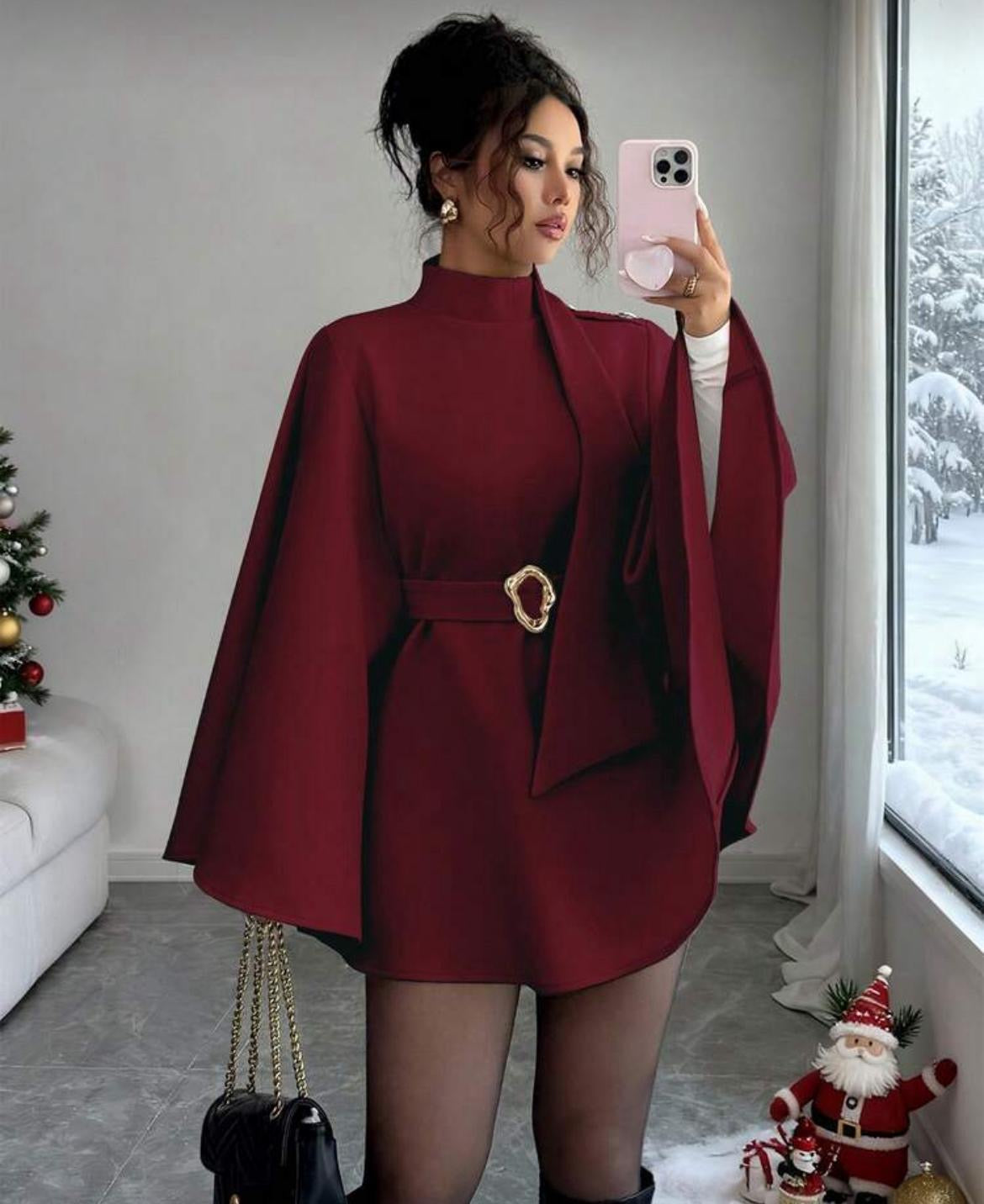 Robe cape bordeaux ceinturée – Coupe élégante, manches amples