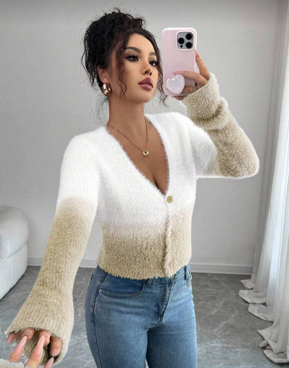 Pull cardigan dégradé blanc & bleu – Maille douce boutonnée