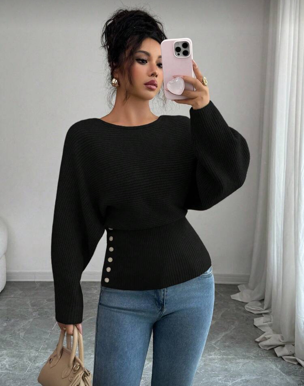 Pull ajusté à manches ballon avec taille structurée